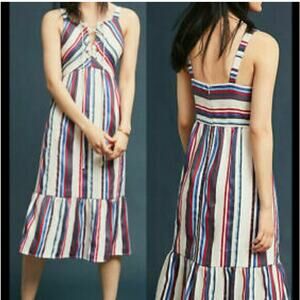 Anthropologie Lost‎ and Wander Dress Womens XS Petite Striped Americana Midi